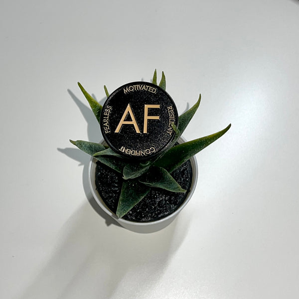 Coffee and Cream colored As F**k enamel pin sitting on a small succulent plant.