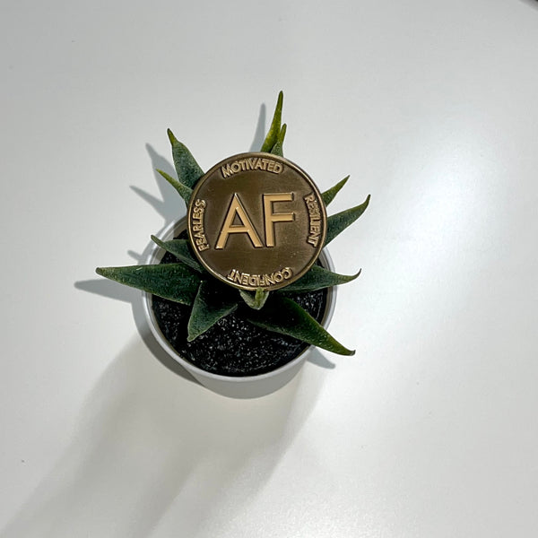 As F**k enamel pin in worn gold color sits in the leaves of a small succulent plant.