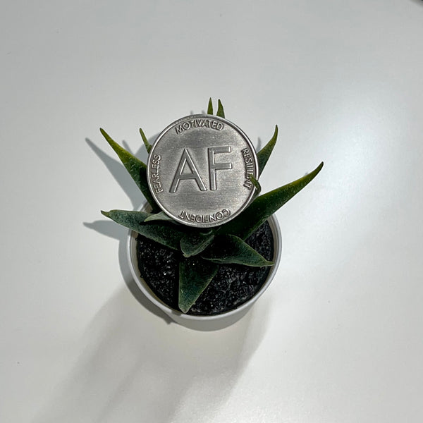 As F**k Enamel Pin in worn silver color sits in the leaves of a small succulent plant.